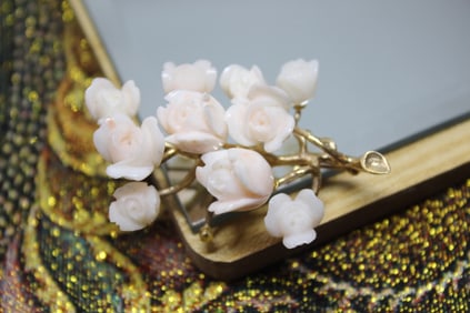 Angel Skin Coral and 14K Gold Floral Brooch