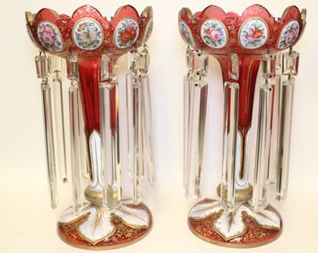 Pair of Bohemian White on Red Panel Luster