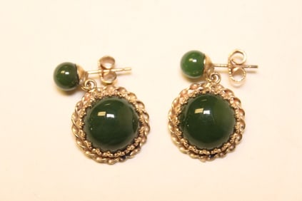 Pair of Jade Earrings Set with Gold
