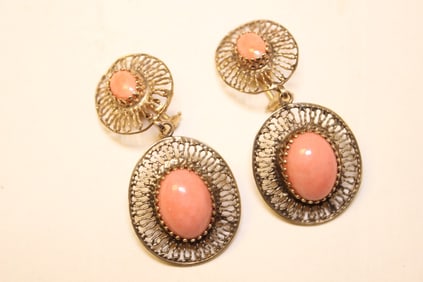 Pair of 14K Gold and Coral Earring Set