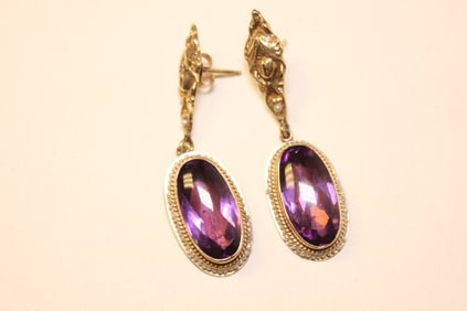 Pair of Amethyst and 14K Gold Earring Set