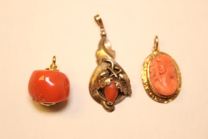 Three Antique Coral and Gold Pendant