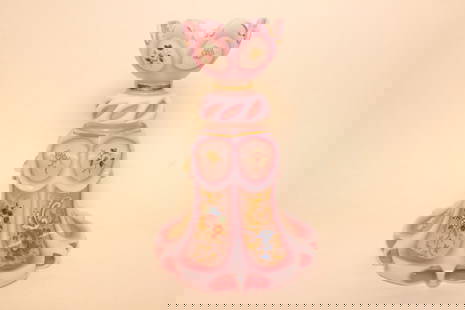 Nice antique Bohemian Art Glass Perfume Bottle in: Nice antique Bohemian Art Glass Perfume Bottle in Pink and white. Dimension: 4 1/4" H 6 cut panels with pink flashed glass. The bottom is even cut with a design that matches the top.Good antique condi