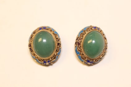 Pair of Chinese Jade and Enamel Earring Set