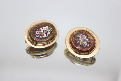 Pair of Micro Mosaic Brooch Flowers Set