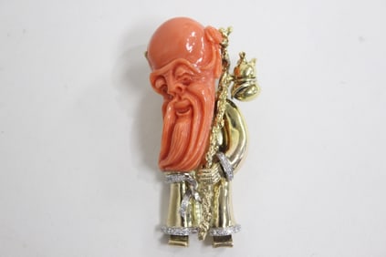 14K Gold and Coral Brooch
