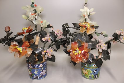 Pair of Cloisonne Planter w Agates&Jade Flowers