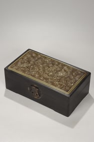 Chinese Zitan Wood Box w Carved Soapstone Inlaid