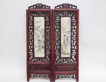 Two Chinese Wood Table Screen w Bone Inlaid