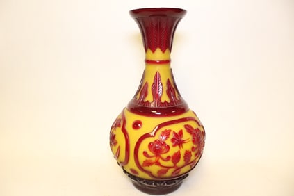 Chinese Yellow Red Peking Glass Vase