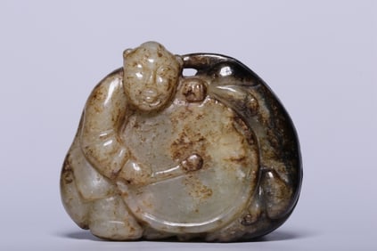 Chinese Jade Carved Boy Play the Drums