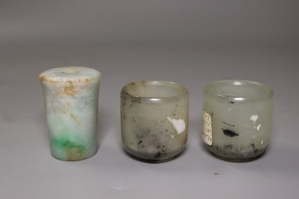 Two Jade Carved Cups and One Jadeite Scroll Head