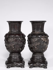 Pair of Chinese Zitan Wood Carved Vases