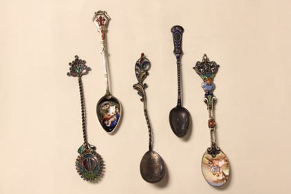 Lots of 5 Vintage Enamel Silver Spoons