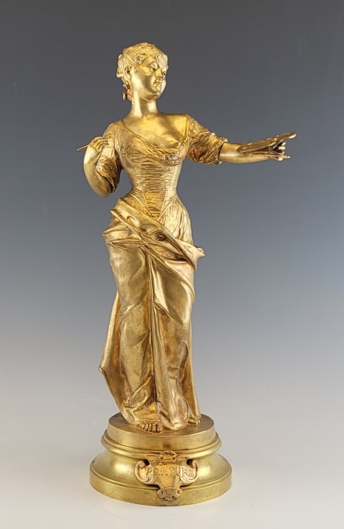 19C Gilt Bronze Statue Victor Rousseau: 19C French Gilt Bronze Statue by Victor Rousseau ( Belgium 1865 - 1954 ) . The bronze statue of young artist woman holding artists pallet and paint brushes. Titled on front plaque " Painture ". Signed