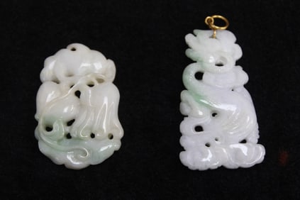 Two Chinese Jadeite Carved Pendants w 14K Clasp