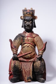 Chinese Painted Wood Carved God of Wealth Figurine