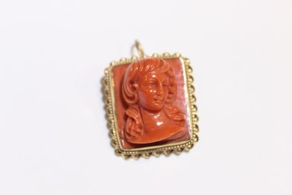 Carved Coral Cameo Pendant Brooch w 14K Gold