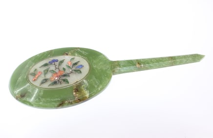 Chinese Jade Hand Mirror w Lapiz and Jade Inlaid