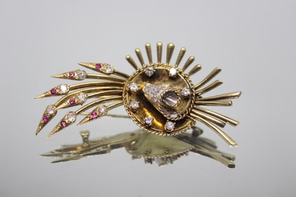 14K Gold and Ruby Diamond Brooch Pin
