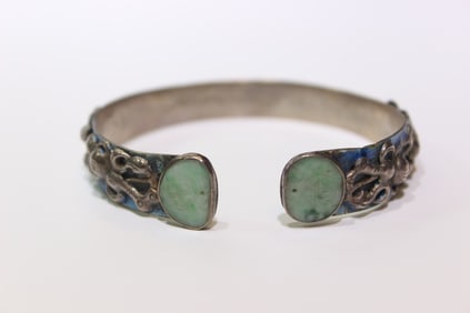 Vintage Chinese Enamel Silver Bangle w Jadeite