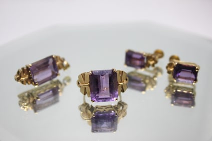 Amethyst and 14K Gold Pendant,Ring and Earring Set