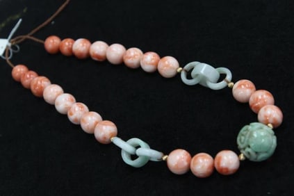 Beautiful Chinese Coral and Jade Beads Necklace