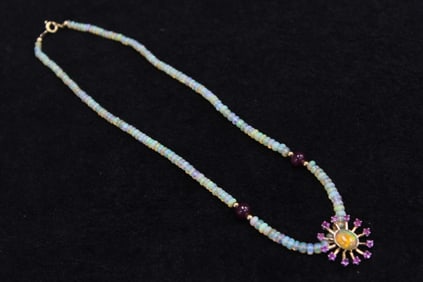 Ruby and 14K Gold Pendant w Opal Necklace