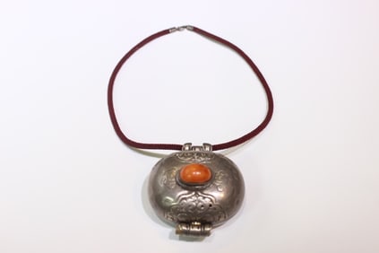 Tibetan Sterling Silver Pendant with Coral Inlaid