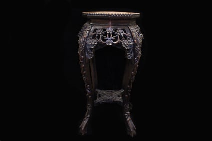 Chinese Wood Stand w Marble Inlaid Top