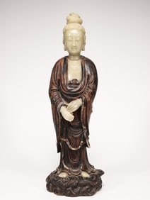 Chinese Zitan Wood Guanyin Statue w Jade Inlaid