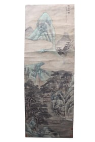 Qing Chinese Ink Color Landscape Scroll Painting