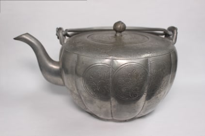 Chinese Hand Traced Pewter Teapot,Mark