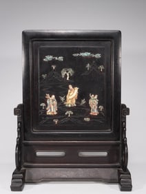 Chinese Zitan Wood Table Screen w Bone Inlaid