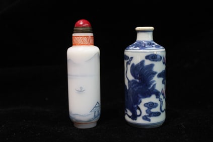 Two Chinese Liuli and Porcelain Snuff Bottles