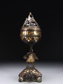 Chinese Gilt Bronze Incense Burner w Turtleand Cra