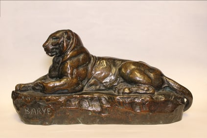 Bronze Sculpture of a reclining Lion,Signed"Barye"