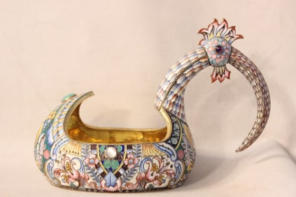 Beautiful Russian Silver Cloisonné Enamel Kovsh