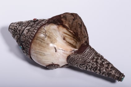 Tibetan Ritual Conch Shell mounted in ornate silve