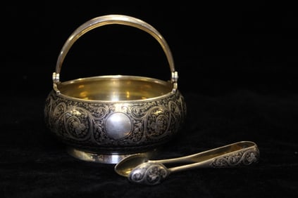 Antique Silver Sugar Bowl with Tongs