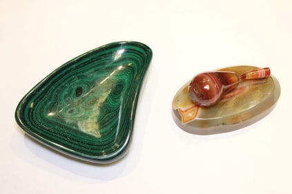 Two carved Malachite and Agate Desk or Vanity Item