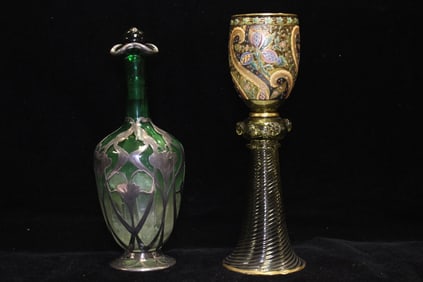 Green Glass Bottle with Silver Overlay and Enamel