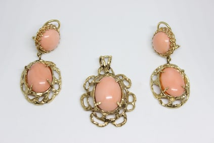 Angel Skin Coral and Gold Pendant and Earring Set