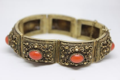 Chinese Filigree Bracelet Cuff w Coral Color Cabochon Stones