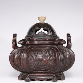 CH Zitan Wood Incense Burner w Soapstone Finial