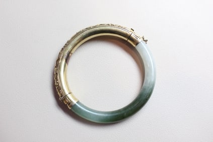 Chinese Jadeite Hinged Bangle Bracelet w Silver Mo