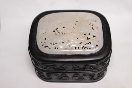 Chinese Jade Inlaid Zitan Wood Cover Box