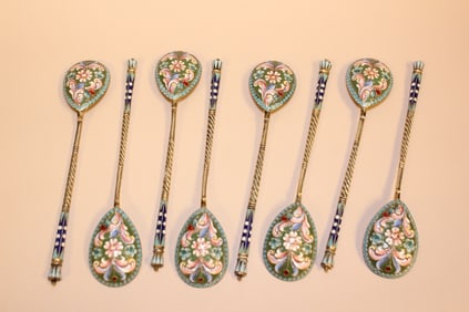 Antique Russian Silver-gilt and Enamel Spoons Set