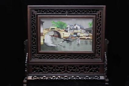 Traditional Chinese Wood Table Screen w Silk Panel