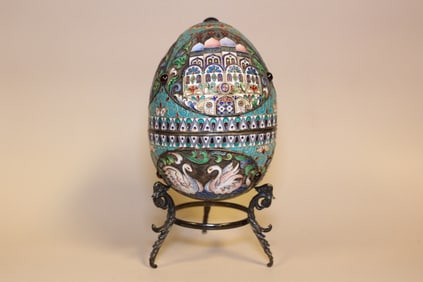Russian Silver and Cloisonné Enamel Egg on a Stand